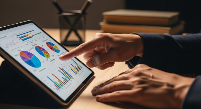 Teacher’s hands pointing at tablet with colorful charts, blurred desk and stationery background, close-up for educational and e-learning stock imagery