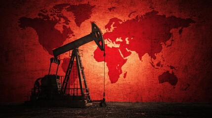 A 4K photo of oil pumpjack on a textured surface with a red world map silhouette in the background. Concept: global oil extraction and industry impact.