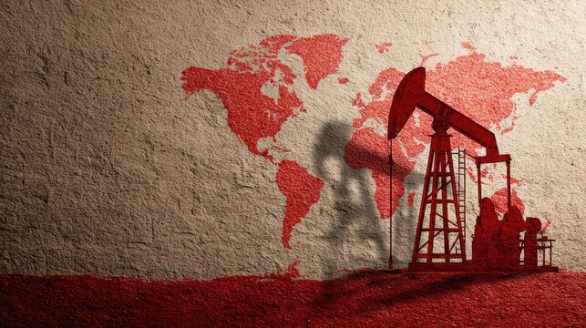 A 4K photo of oil pumpjack on a textured surface with a red world map silhouette in the background. Concept: global oil extraction and industry impact. - Powered by Adobe