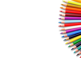 Colorful pencils fan. A vibrant array of sharpened colored pencils is spread out in a fan shape on the right side. Art, creativity, or education.