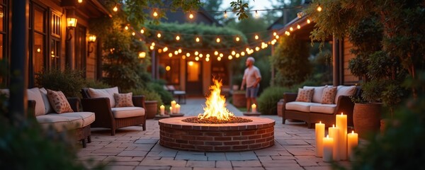 Obraz premium Warm summer evening patio scene with brick fire pit ablaze, surrounded by comfortable seating, glowing string lights overhead. Tall pillar candles add soft, ambient light, creating peaceful, inviting
