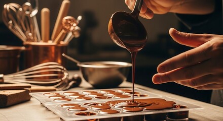 Chocolatier pouring melted chocolate into molds, glossy texture with cinematic reflections, copper utensils in blurred background, artisan dessert photography for gourmet visuals