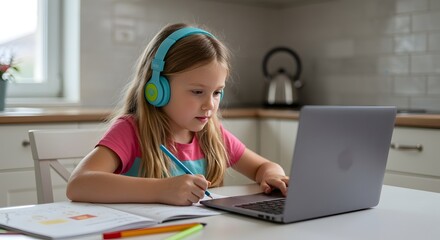 Young girl with headphones using laptop for online learning at kitchen table, representing modern education and homeschooling concept.