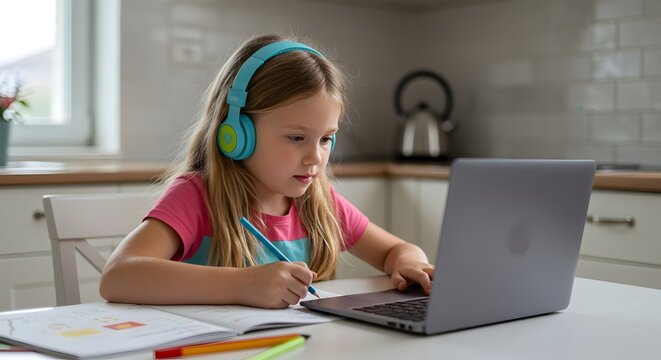 Young girl with headphones using laptop for online learning at kitchen table, representing modern education and homeschooling concept.