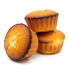 Three golden brown muffins stacked on a white background cake baked