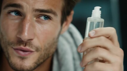 Smiling man with radiant skin after applying oil serum – Video 4K UHD 60fps - Powered by Adobe