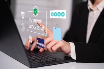 Person using smartphone laptop for online payment money transfer application digital banking service network technology concept
