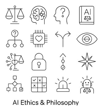 Linear ai ethics and philosophy icons set: scales, brain, question mark, ai, lock, robot, compass, circuit