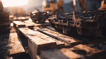 Close up of industrial machinery parts on wooden pallets with soft lighting