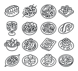 Linear food icon set featuring sushi, skewers, salad, dumplings, noodles, dessert, soup, and fruit