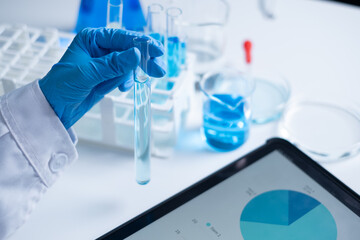 Fototapeta premium Professional healthcare medical worker doctor working for new discovery of medicine to treat disease and cancer patient research laboratory report document data analysis pharmacy future planning