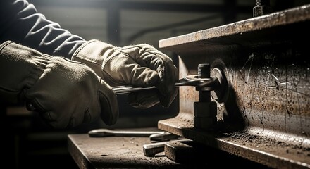Worker’s gloved hands tightening bolts on metal structure, workshop background, cinematic industrial photography for technical and commercial use