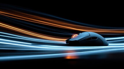 A sleek black gaming mouse with dynamic light trails, showcasing modern technology and design.