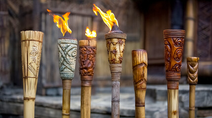 Decorative tiki torches with flames, showcasing intricate carvings and natural materials in outdoor setting