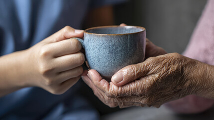 Young hand and elderly hand gently hold ceramic cup symbolizing end of life care with warmth and compassion