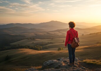 Person in red jacket overlooking vast mountain valley landscape during golden sunset with rolling hills and dramatic atmospheric lighting.