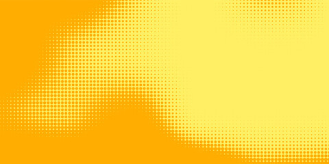 Yellow halftone pattern. Retro comic gradient background. Bright orange pixelated dotted texture overlay. Cartoon pop art faded gradient pattern. Vector