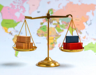 Global Trade Balance: Scales with Shipping Containers on World Map Background