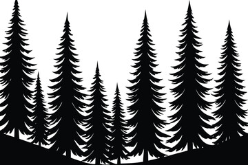 Obraz premium Silhouette of tall pine trees on a hillside forest against a white background.