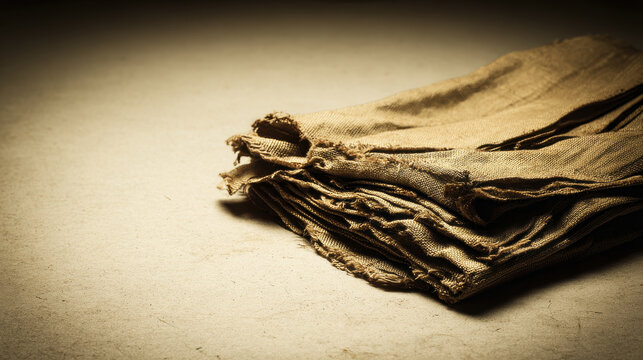 Stack of worn fabric lies on textured surface symbolizing end of its life with careworn edges