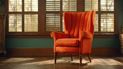 Vibrant orange armchair sits in cozy room with wooden floors and large windows. warm sunlight filters through shutters creating serene atmosphere