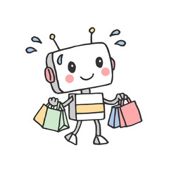 Shopping Assistant AI - Cute Robot Carrying Shopping Bags with Cheerful Expression