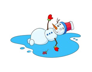 Cartoon snowman melting in a puddle representing global warming and climate change with a humorous