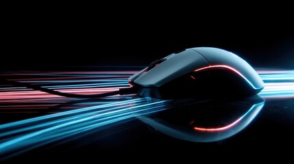 Gaming mouse with illuminated accents on a reflective surface with light trails.