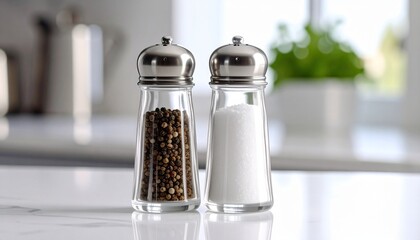 Classic salt and pepper shakers on a dark textured surface with scattered grains and peppercorns, highlighting essential kitchen seasonings and culinary contrast