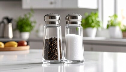 Classic salt and pepper shakers on a dark textured surface with scattered grains and peppercorns, highlighting essential kitchen seasonings and culinary contrast