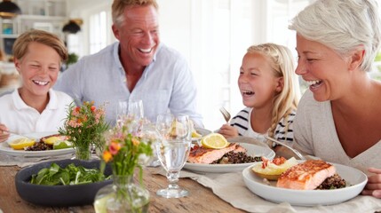A family of four is sitting at a table with plates of food, including salmon