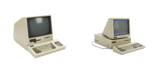 Vintage computer systems display retro tech showcase nostalgic environment angled historical concept. Set PNG