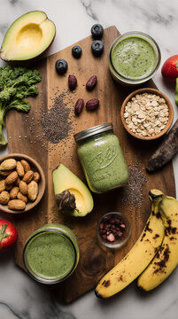 Healthy lifestyle flat lay with smoothies, fruits, vegetables, nuts, and superfoods on a clean background. Minimalistic composition with natural light, ideal for wellness, sports nutrition, and eco-fr