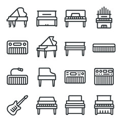 Linear music icon set featuring piano, organ, keyboard, and guitar symbols