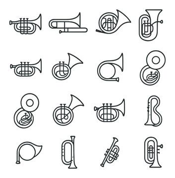 Linear music instruments icons set: french horn, trumpet, tuba, trombone, sousaphone, euphonium