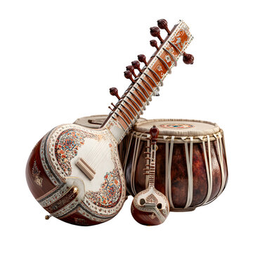 A set of traditional Indian musical instruments, including a sitar and tabla drums, isolated on a white background,.0