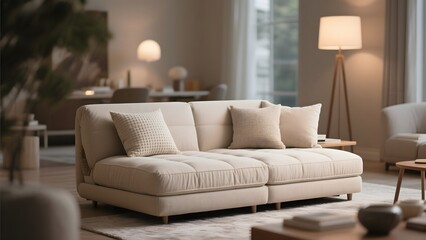 Modern Living Room with Beige Sofa and Warm Lighting