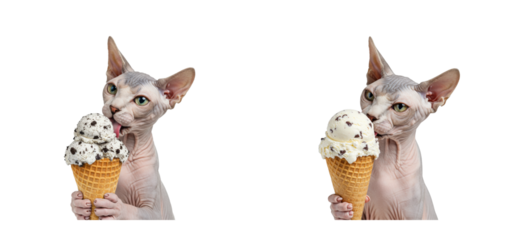 Cat enjoying ice cream cone studio animal playful environment fun concept. Set PNG