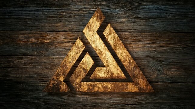 Golden Valknut Nordic symbol displayed on dark rustic background, highlighting ancient mystery, cultural heritage, intricate craftsmanship, and historical significance in Norse tradition