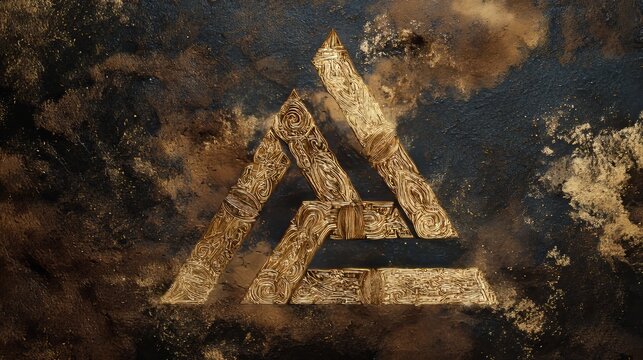 Golden Valknut Nordic symbol displayed on dark rustic background, highlighting ancient mystery, cultural heritage, intricate craftsmanship, and historical significance in Norse tradition