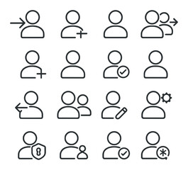 Linear user management icon set featuring add, edit, share, shield, and settings symbols