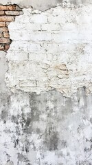Close up of a weathered brick wall with peeling white paint and visible gray concrete texture details