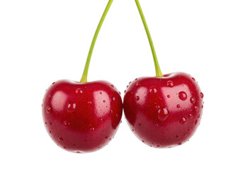 Two ripe red cherries with water droplets isolated on transparent background, showcasing their sweetness and freshness for a healthy treat