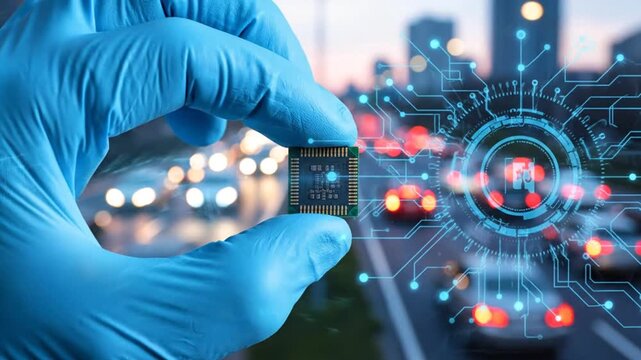 Hand in Blue Glove Holding Microchip Over Blurred Evening City Traffic With Digital Overlay