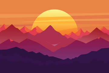 Obraz premium Abstract landscape of mountains with vibrant sunset in shades of orange and purple.