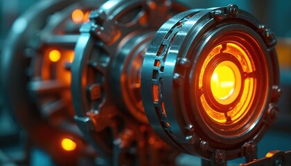 Fototapeta premium Close-up of advanced machinery with glowing orange components, emphasizing precision engineering, technological innovation. Intricate metallic structure signifies advanced manufacturing processes,