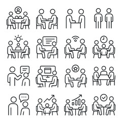Fototapeta premium Linear business meeting icon set featuring discussion, interview, teamwork, brainstorming, and negotiation symbols