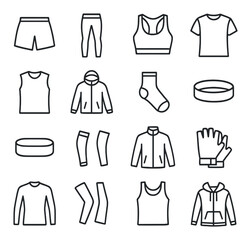 Linear sportswear icon set featuring shorts, leggings, sports bra, t-shirt, jacket, and gloves symbols