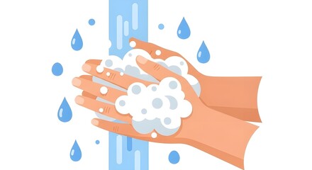 Close-up illustration of hands being washed with soap and water, emphasizing hygiene and cleanliness.