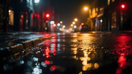 Rainy Night Street with Reflective Lights and Urban Buildings